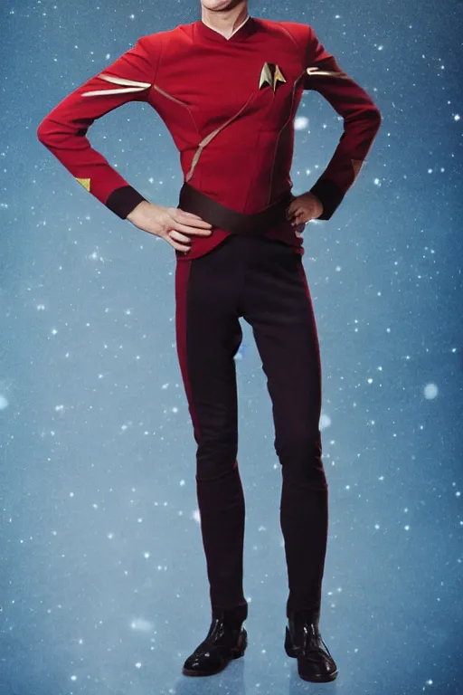 Image similar to full body digital portrait of scrawny captain james t kirk, starfleet uniform, star trek, malnourished, sensual, femmes, smooth, elegant, sharp focus, highly detailed