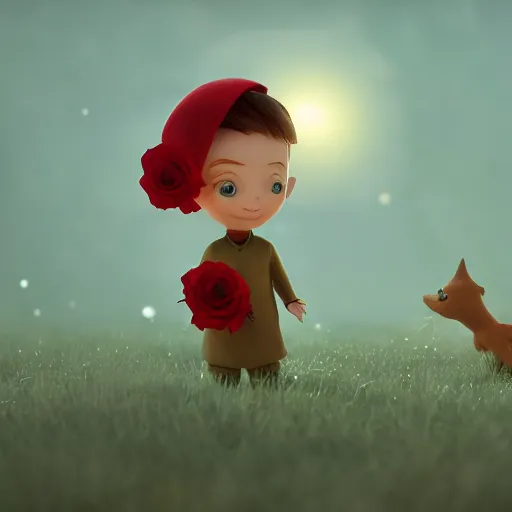 Prompt: cinematic scene of the little prince holding a red rose illustration, bokeh, octane render, award winning, trending on art station