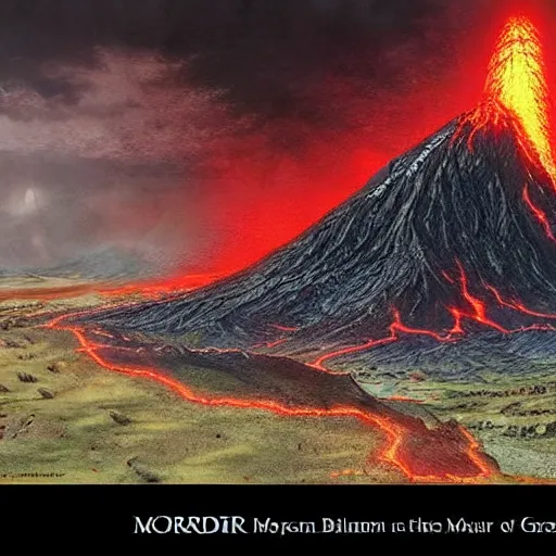 Prompt: mordor was a black, volcanic plain in the southeast of middle - earth to the east of gondor, ithilien, and the great river anduin. mordor was chosen by sauron as his realm because of the mountain ranges surrounding it on three sides, creating a natural fortress against his enemies