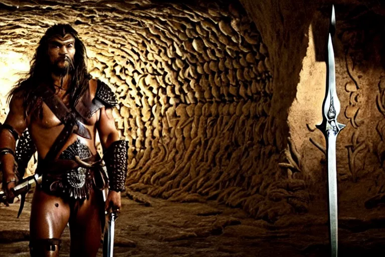 Prompt: 7 0 mm film still from conan the barbarian, jason momoa as conan holding a giant sword with both hands above his head wearing ornate dragon armor, in the wet catacombs of skulls and snakes, cinematic, volumetric lighting, mist, wet skin and windblown hair, muscular!!!, heroic masculine pose, ridley scott
