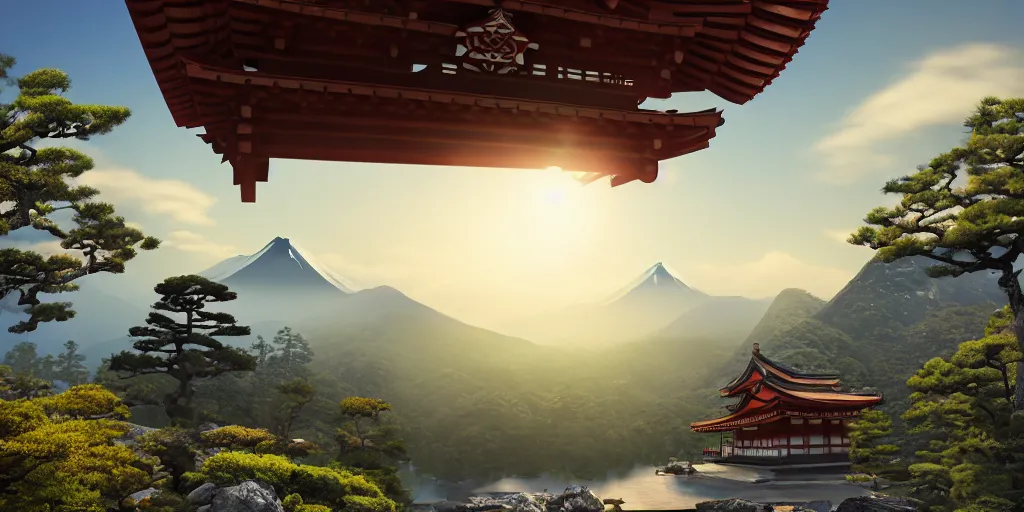 Image similar to a ancestral japanese temple on the top of a mountain at sunset, hyperrealistic, concept art, octane render, unreal engine 5, synthwave, high quality, highly detailed, 8 k, digital art, concept art, breathtaking landscape, cinematic lighting, path traced, over the clouds, godrays, complementary colors, natural lighting, masterpiece, mythical