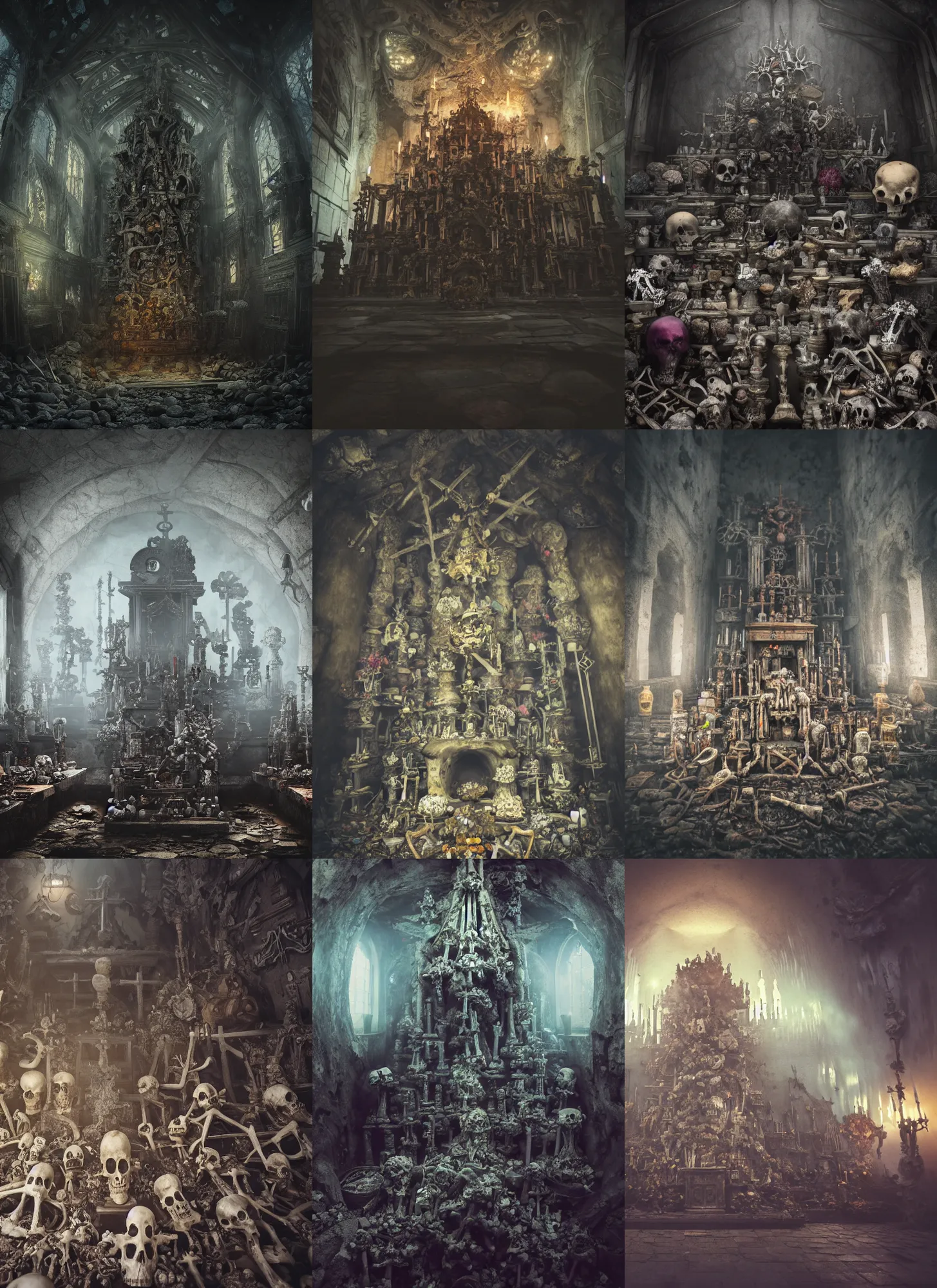 Image similar to full color, low wide shot of sedlec ossuary, bones, anime style mixed with fujifilm, dark, foggy, atmospheric, artstation, cgsociety, octane render, cgi, unreal engine 5, denoise, detailed, cinematic masterpiece