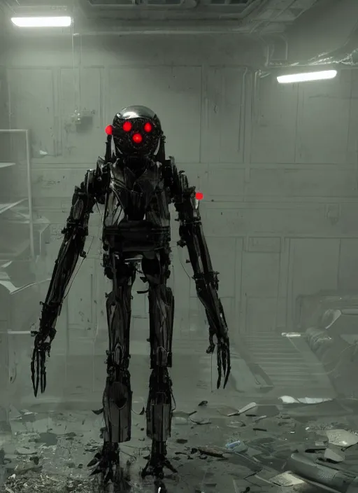 Prompt: mecha wearing black torn cloak exposing chrome internals wiring harness armored damaged. glowing red eyes. creepy decay style of Roger Deakins Jeremy Saulnier Newton Thomas Sigel Robert Elswit Greig Fraser trending rtx on ue4