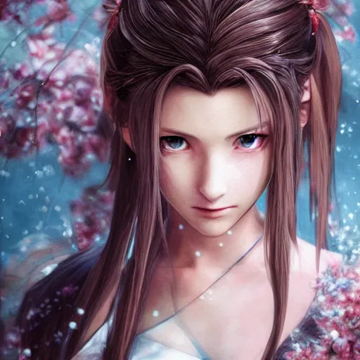 Image similar to portrait of aerith!!!!!!!!! from final fantasy vii, water - color painting by amano yoshitaka, ultra realistic, highly detailed, sharp focus, cinematic lighting, mood lighting, realistic, vivid colors, painting, photorealistic, digital art, non blurry, sharp, smooth, illustration