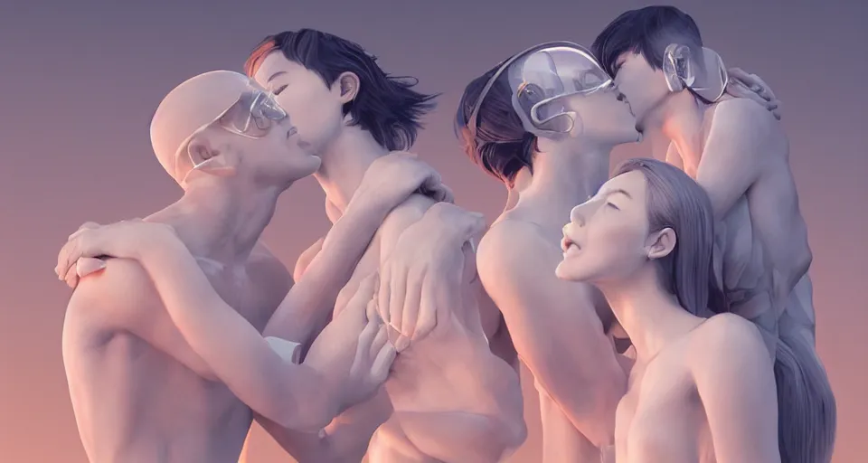 Image similar to xray photos of bionic couples kissing each other, octane render, concept art, realistic, high details, art by hsiao - ron cheng and james jean highly detailed, intricate detail, unreal engine, octane render