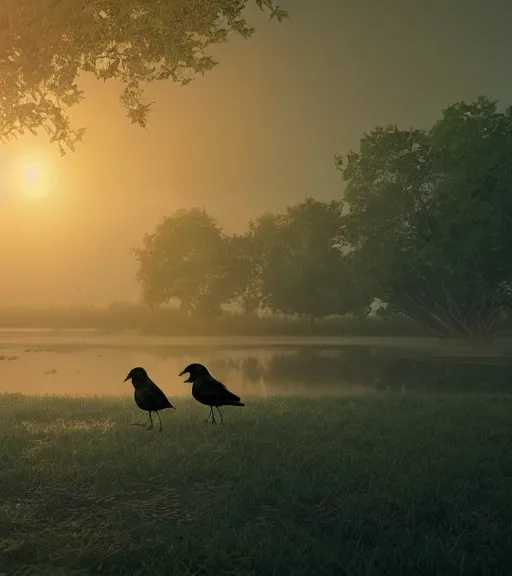 Image similar to the reflection of three crows standing in a boat in a swamp, volumetric lighting, fog, majestic light, octane render, ethereal glare of the sun, hyperrealistic, epic, masterpiece, by makoto shinkai