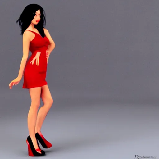 Prompt: woman, red short dress, black hair, octane render, by milo manara, 3 d render, red high heels, face