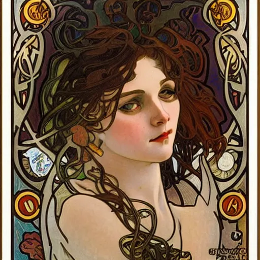 Prompt: realistic detailed face portrait of Lilith by Alphonse Mucha, Art Nouveau, Neo-Gothic, gothic, rich deep colors