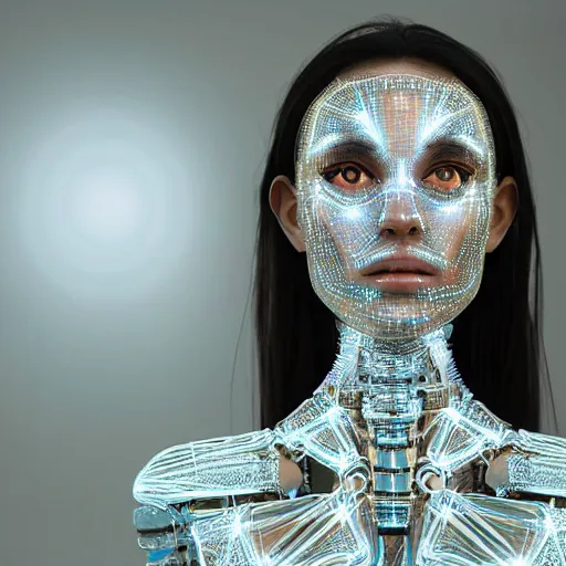 Prompt: beautiful centered Fine art photo portrait of Jordanian girl as a solarpunk robotic humanoid, arab mechanical parts with led lights, photorealistic, white background, highly detailed and intricate, sunset lighting, HDR 8k