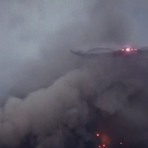 Prompt: still photo of the smoke monster from the television show called lost hovering above a crashed airplane. realistic, highly detailed, 8 k, cinematic