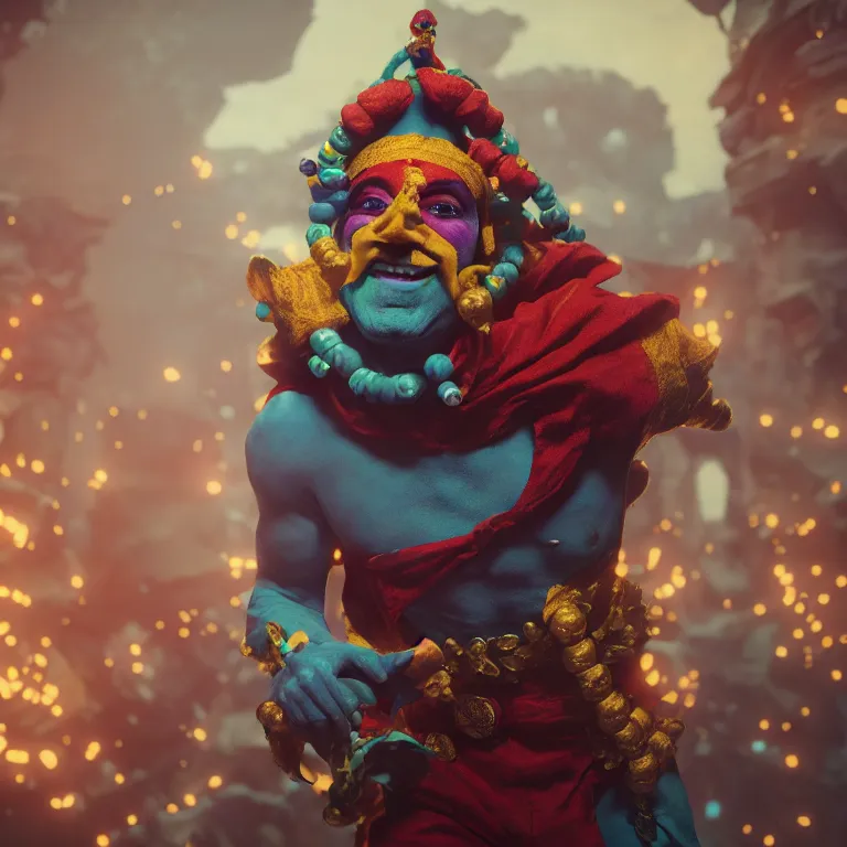 Image similar to a cinematic shot of man wearing jester harlqequin fool costume, colorful, octane render, volumetric lighting, nvidia raytracing demo, by Andy Thomas, Mario Martinez, Daniel Mirante, Gustave Dore, Artstation, CGsociety, masterpiece