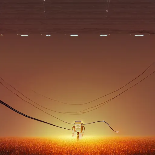 Image similar to digital painting of a glowing robot with gold wires levitating in a wheat field, synthetic humanoid smooth body, at night, stunning, cinematic lighting, concept art by greg rutkowski and simon stalenhag, artstation, cinematic, masterpice, insanely detailed, very realistic
