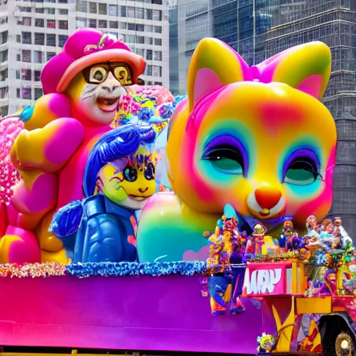 Image similar to photo of giant lisa frank inspired parade float in the macys thanksgiving parade, detailed 4 k photo