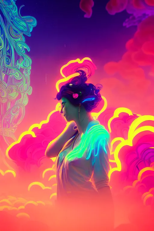 Image similar to a gorgeous woman surrounded by colorful liquid clouds and neon smoke, extremely detailed, psychedelic experience, psilocybin, dmt, lsd, face, highly detailed, artstation, alphonse mucha, hana yata, and artem demura and beeple, octane render, unreal engine, 8 k