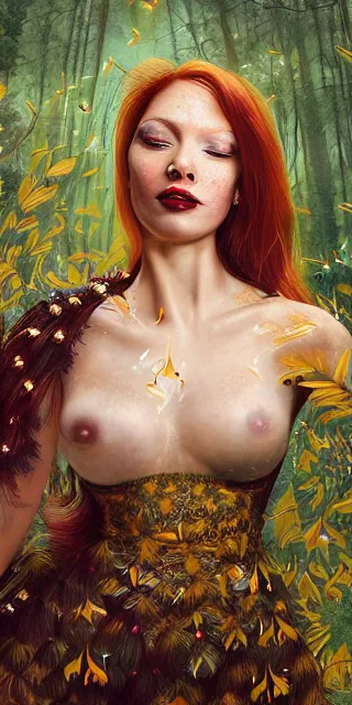 Image similar to fit woman, serene smile surrounded by golden firefly lights, amidst nature fully covered by a intricate detailed dress, long red hair, precise linework, accurate green eyes, small nose with freckles, smooth oval shape face, empathic, expressive emotions, spiritual scene, hyper realistic ultrafine art by artemisia gentileschi, jessica rossier, boris vallejo
