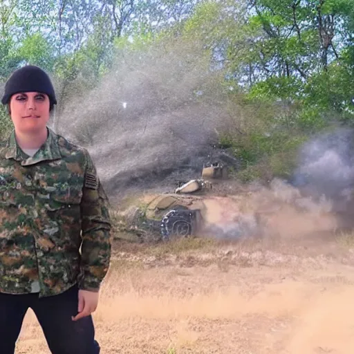 Image similar to mrbeast standing in front of an active military battlefield, posing, charismatic, gunfire, explosions in background