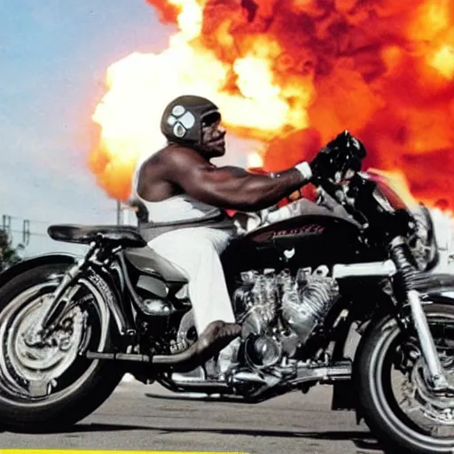 Prompt: mike tyson riding a motorcycle, explosion in the background