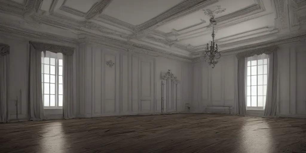 Image similar to empty room high ceiling, victorian, soft light, ominous, photorealistic, detailed, 8k