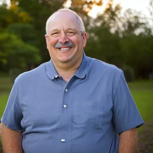 Prompt: color photograph of a middle aged paternal man smiling at the camera