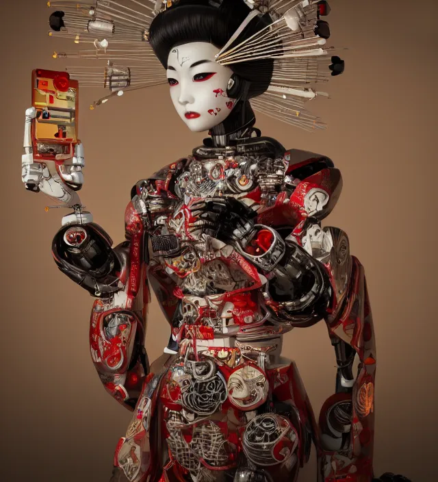 Image similar to full body portrait of a beautiful japanese robotic geisha with wires and kanji tattoos and decals, dramatic lighting, hyper - realistic, ultra - realistic, intricate details, japanese model, 8 k ultra high definition, octane render