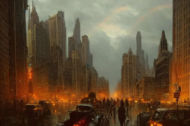 Prompt: A medieval reimaging of New York City after a post-apocalyptic event regresses society into a primitive middle age. Golden hour with a dark stormy sky and rainbow. Very beautiful matte painting by Greg Rutkowski