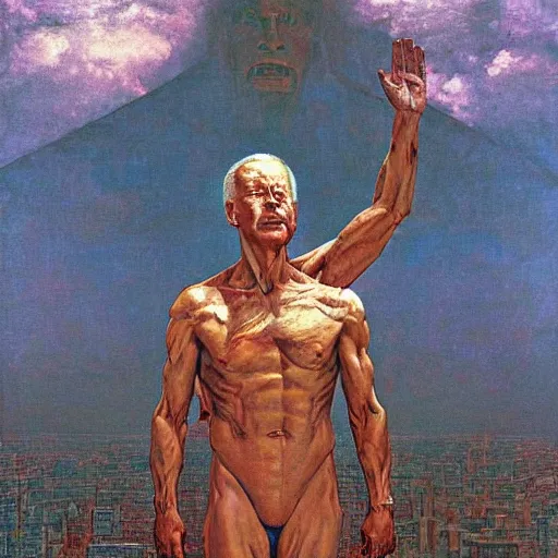 Image similar to immense, majestic, surreal, terrifying joe biden standing triumphant over the city, perfectly clear face, by j. c. leyendecker, bosch, and beksinski