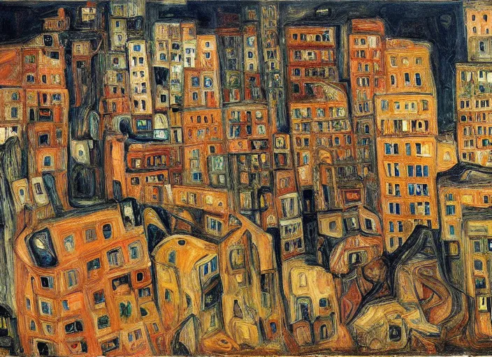 Image similar to a San-Francisco cityscape, houses, trees and hell in style of Chaim Soutine, Egon Schiele city drawings and Frank Auerbach and Bosch