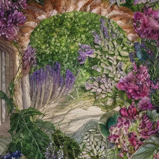 Image similar to delicate coastline mountain garden on paper, stony, puffy, botanical herbarium, botanic watercolors, iridescent, 8 k wide angle, realistic shaded, fine details, artstation, italian, rainbow, colonnade, oak tree, pomegranade, vines, gardena architecture, pompeian, sicilian