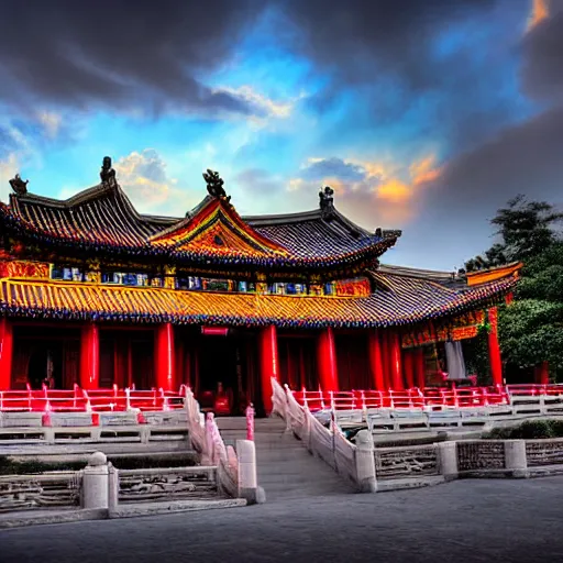 Prompt: a beautiful wide angle HDR photograph of a Chinese temple in mountain valley at sunset