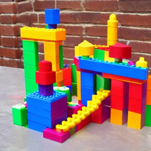 Prompt: city building made out of kids building blocks, colorful, vibrant