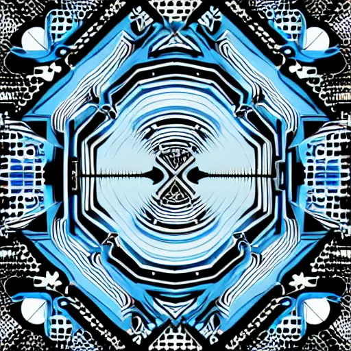 Image similar to a black background with a blue and white design, vector art by xul solar, featured on artstation, nuclear art, quantum wavetracing, fractalism, angular