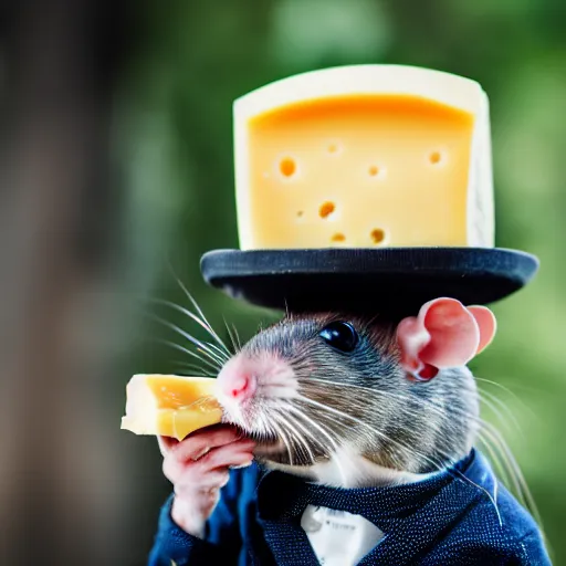 Prompt: a rat wearing a bowler hat eating cheese. sigma 5 0 mm f / 1. 4