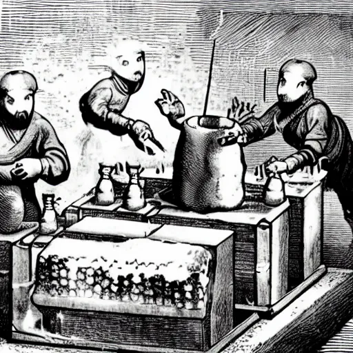 Prompt: gelatinous cubes being processed into magic items with the juice made from their bodies, d & d, industry magazine photo from the year 1 1 8 9