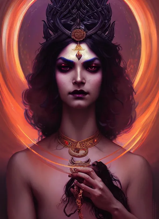 Image similar to a beautiful cinematic female kali goddess of death, fantasy landscape, fantasy magic,, dark light night, intricate, elegant, sharp focus, illustration, highly detailed, digital painting, concept art, matte, art by WLOP and Artgerm and Greg Rutkowski and Alphonse Mucha, masterpiece