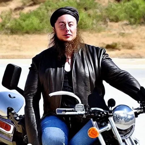 Image similar to elon musk wearing a long beard joining the taliban while riding a motorcycle