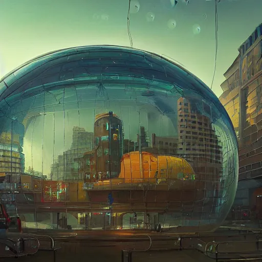 Image similar to A city trapped in a giant transparent dome, bubbles, cinematic lighting, insanely detailed, intricate, artstation, cgsociety, painted by Simon Stalenhag, concept art, illustration, sharp focus,