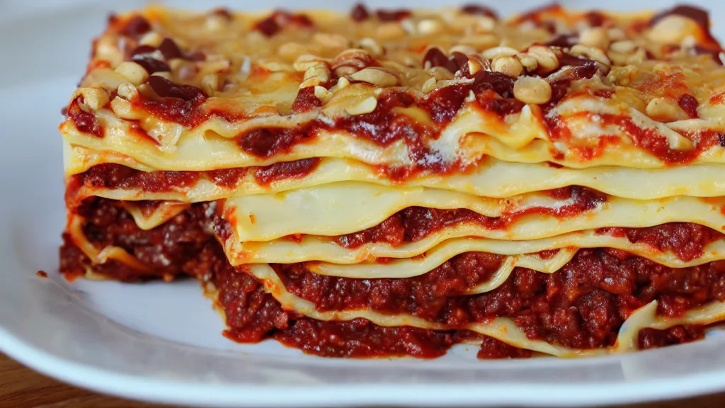 Image similar to lasagna made of cake filled with chocolate, peanuts and caramel,