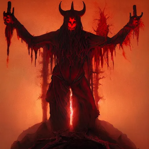 Image similar to realistic painting of a red bloody satanic figure standing in the middle of heaven by michael whelan, ultra realistic, 8 k, trending on artstation, octane renderer, mesmerizing, aesthetic, beautiful