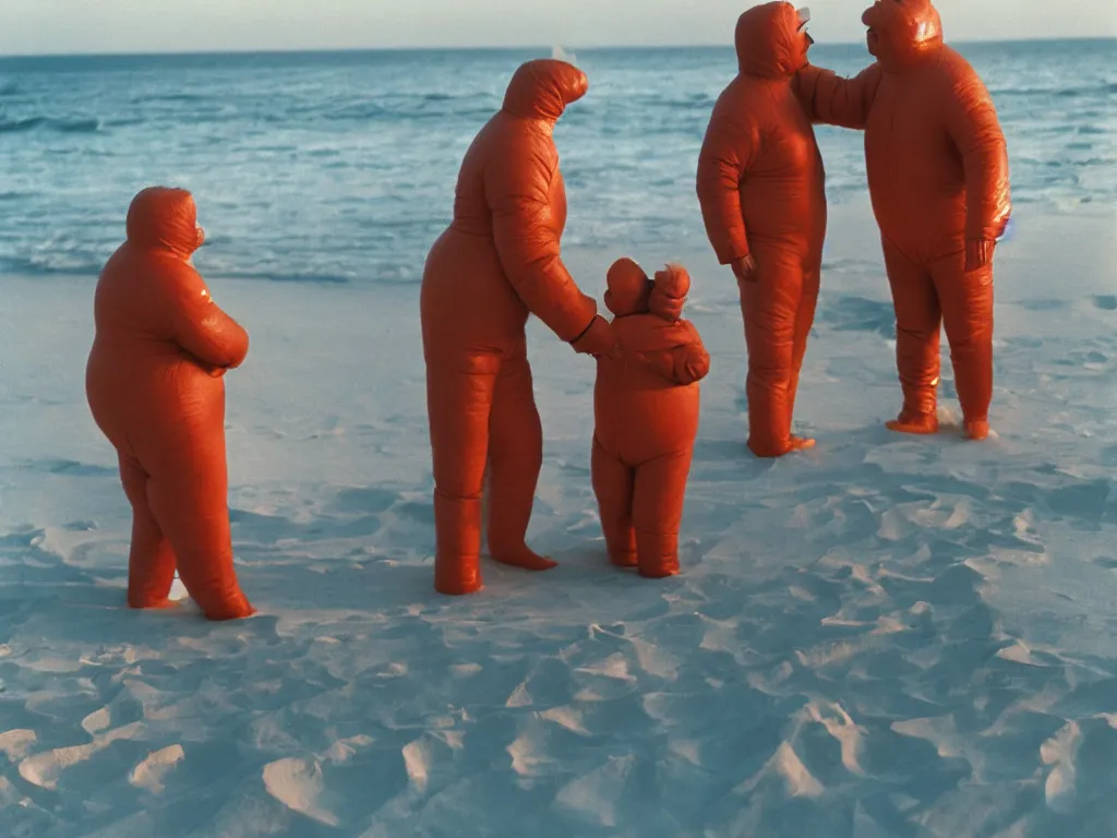 Image similar to a martin parr photo of a grandpa couple, wearing michelin man costumes in a beach, sunrise, 1 9 7 0 s kodachrome colour photo, flash on camera,
