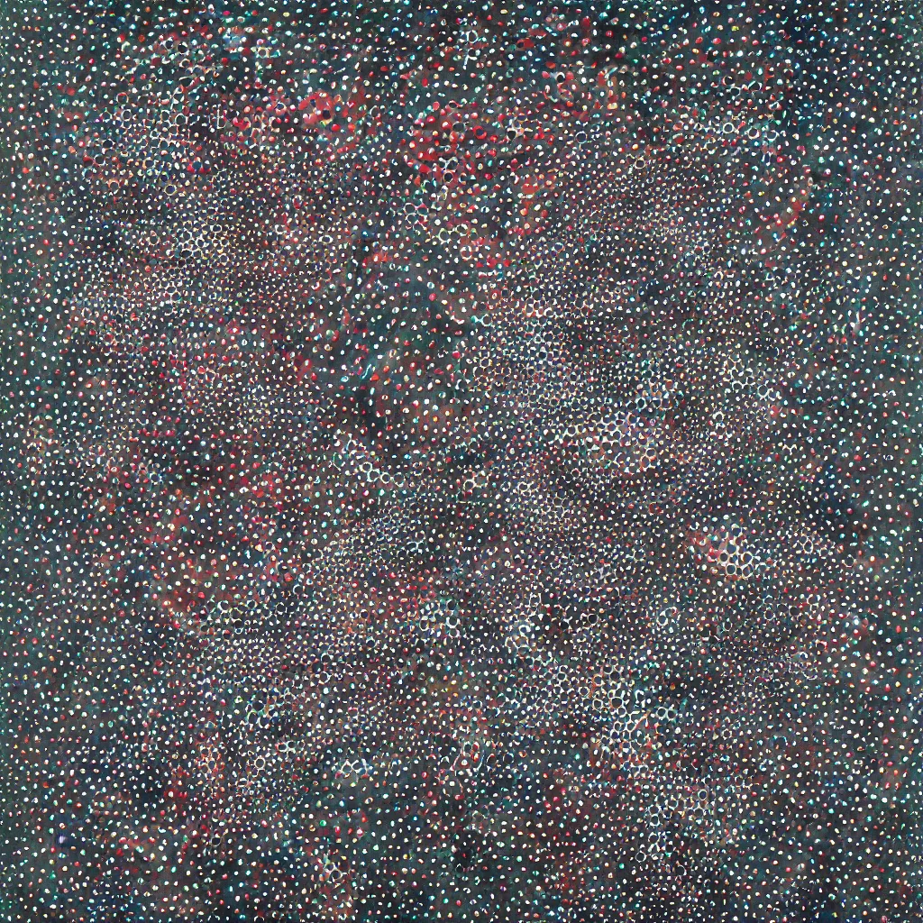 Image similar to camo made of teeth, smiling, abstract, rei kawakubo artwork, cryptic, dots, stipple, lines, splotch, color tearing, pitch bending, color splotches, hearts, dark, ominous, eerie, minimal, points, technical, old painting