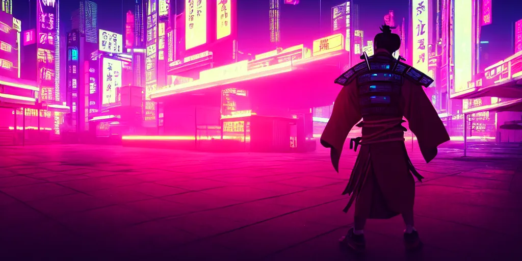 Prompt: A samurai in a cyberpunk city in a synthwave style. Wide shot, High action glowing neon lights, digital art, artstation, cinematic, volumetric lighting, Award winning, ultra high resolution, intricate details, rendered with unreal engine, octane render, UHD 8K