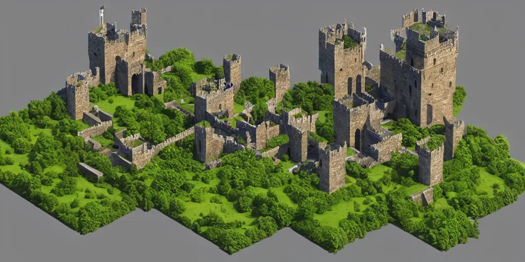 Prompt: medieval castle in a jungle with towers and moat, 3 d, isometric, polygon