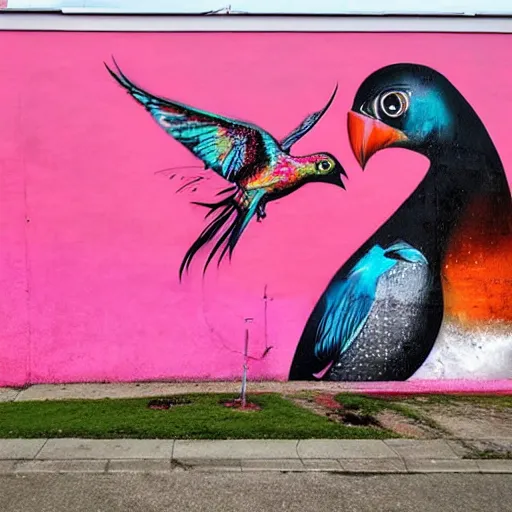 Prompt: a huge mural in pink and orange, showing a miriad of colorful birds and fish mixing, urban Street art by refreshink, fio silva, l7m,