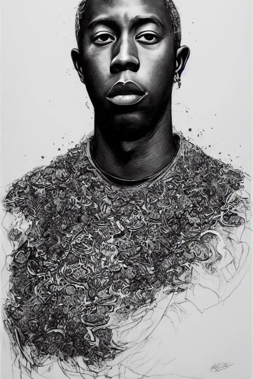 Image similar to portrait of tyler the creator, pen and ink, intricate line drawings, by craig mullins, ruan jia, kentaro miura, greg rutkowski