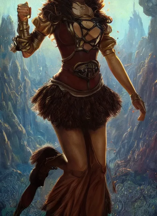 Image similar to beautiful female dorothy gale, rebecca romijn as dorothy, full body character concept, covered in full leather armor, art nouveau, super powers, fantasy, intricate, elegant, highly detailed, digital painting, artstation, concept art, shining, sharp focus, illustration, art by stanley lau