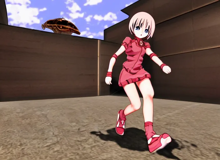 Image similar to an anime girl in a screenshot of the video game doom, the anime girl is running