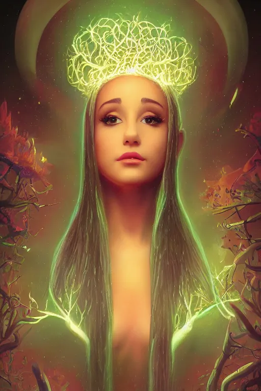 Image similar to queen ariana grande, art by frank kelly & michael bohme, trending on artstation, bioluminescence closeup view illustrator, american romanticism, very very elegant, 4 k hd