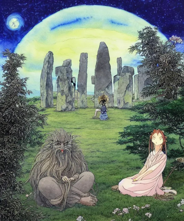 Image similar to a hyperrealist studio ghibli watercolor fantasy concept art. in the foreground is a giant long haired grey witch in lotus position sitting on top of stonehenge with a starry sky in the background. by rebecca guay, michael kaluta, charles vess