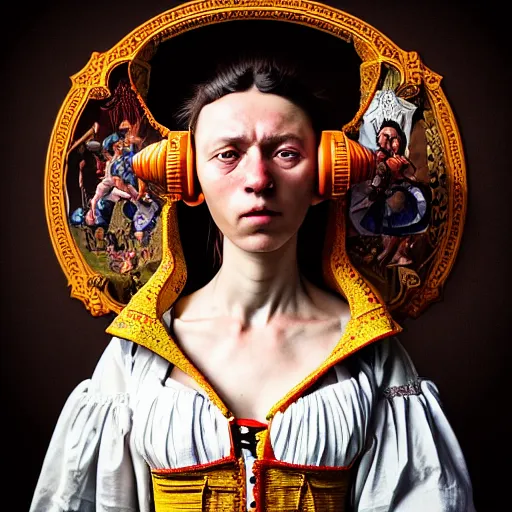 Image similar to Colour Caravaggio style Photography of Highly detailed beautiful Woman with 1000 years perfect face and wearing detailed Ukrainian folk costume designed by Taras Shevchenko also wearing highly detailed futuristic VR headset designed by Josan Gonzalez. Many details In style of Josan Gonzalez and Mike Winkelmann and andgreg rutkowski and alphonse muchaand and Caspar David Friedrich and Stephen Hickman and James Gurney and Hiromasa Ogura. Rendered in Blender and Octane Render volumetric natural light