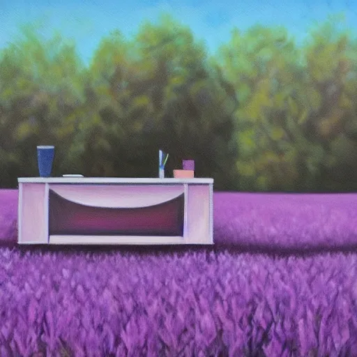 Prompt: realistic painting of a desk on a purple field